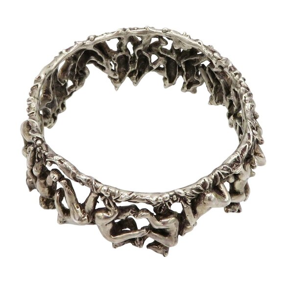 Vintage Jane Voorhees Chunky Sterling Silver Dancing Bears Crown Bangle Bracelet - Picture 6 of 10